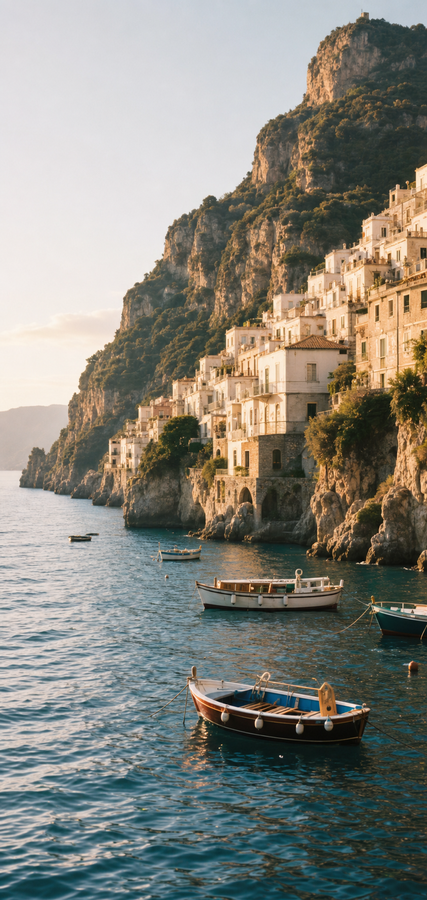 Warm coastal travel scene with boats and white buildings
